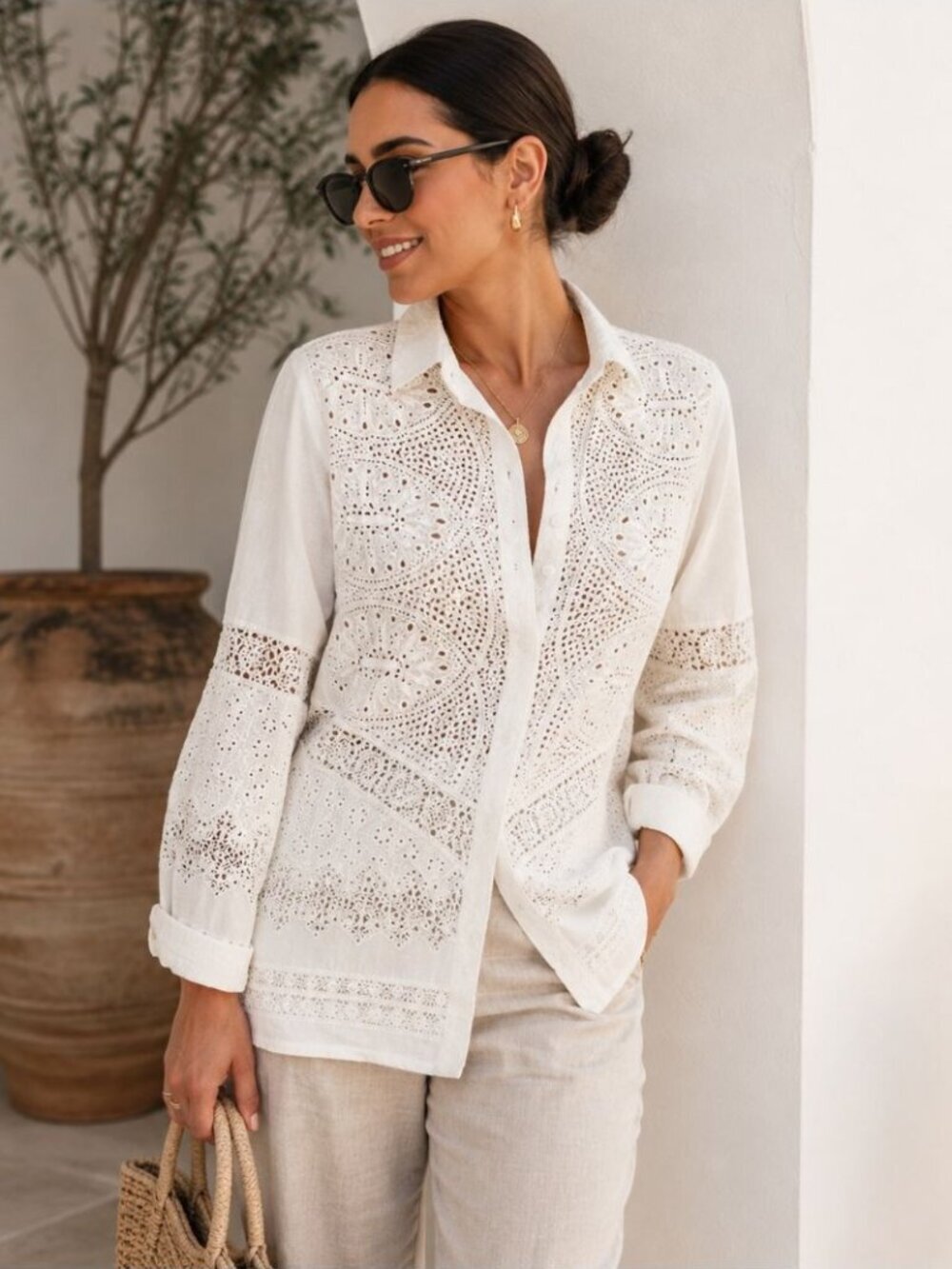 Roberto Cavalli White Eyelet Lace Button Front Top Boho Minimalist Chic Small